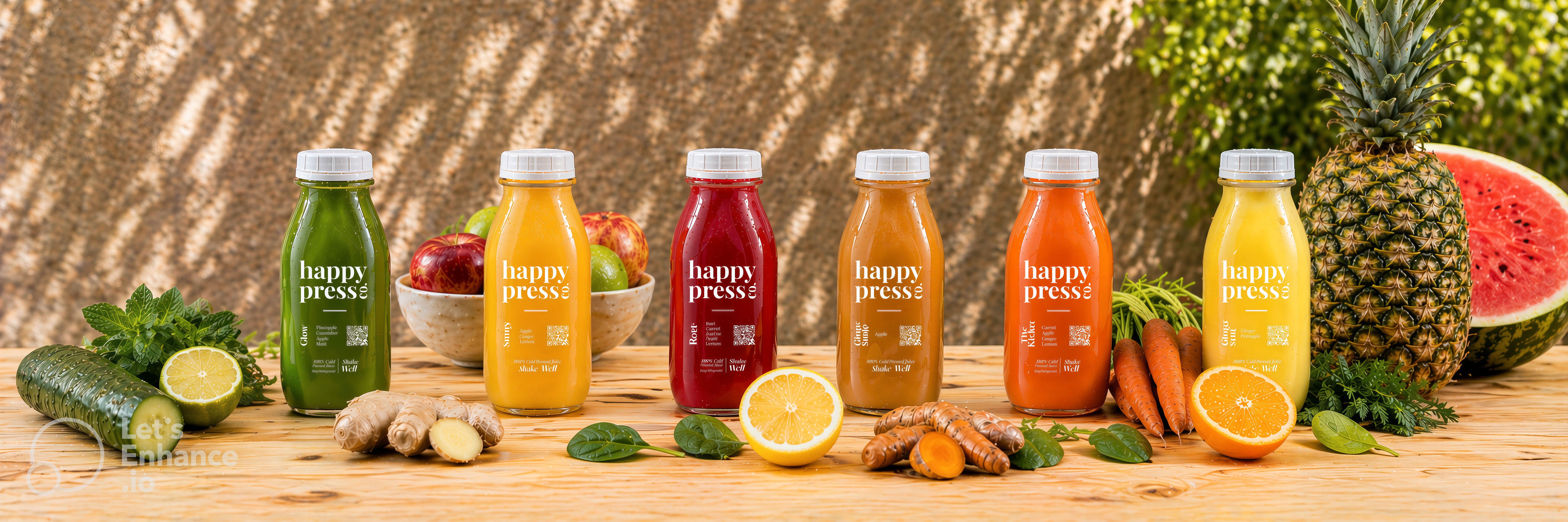 Happy Press Co. full bottle lineup with ingredients